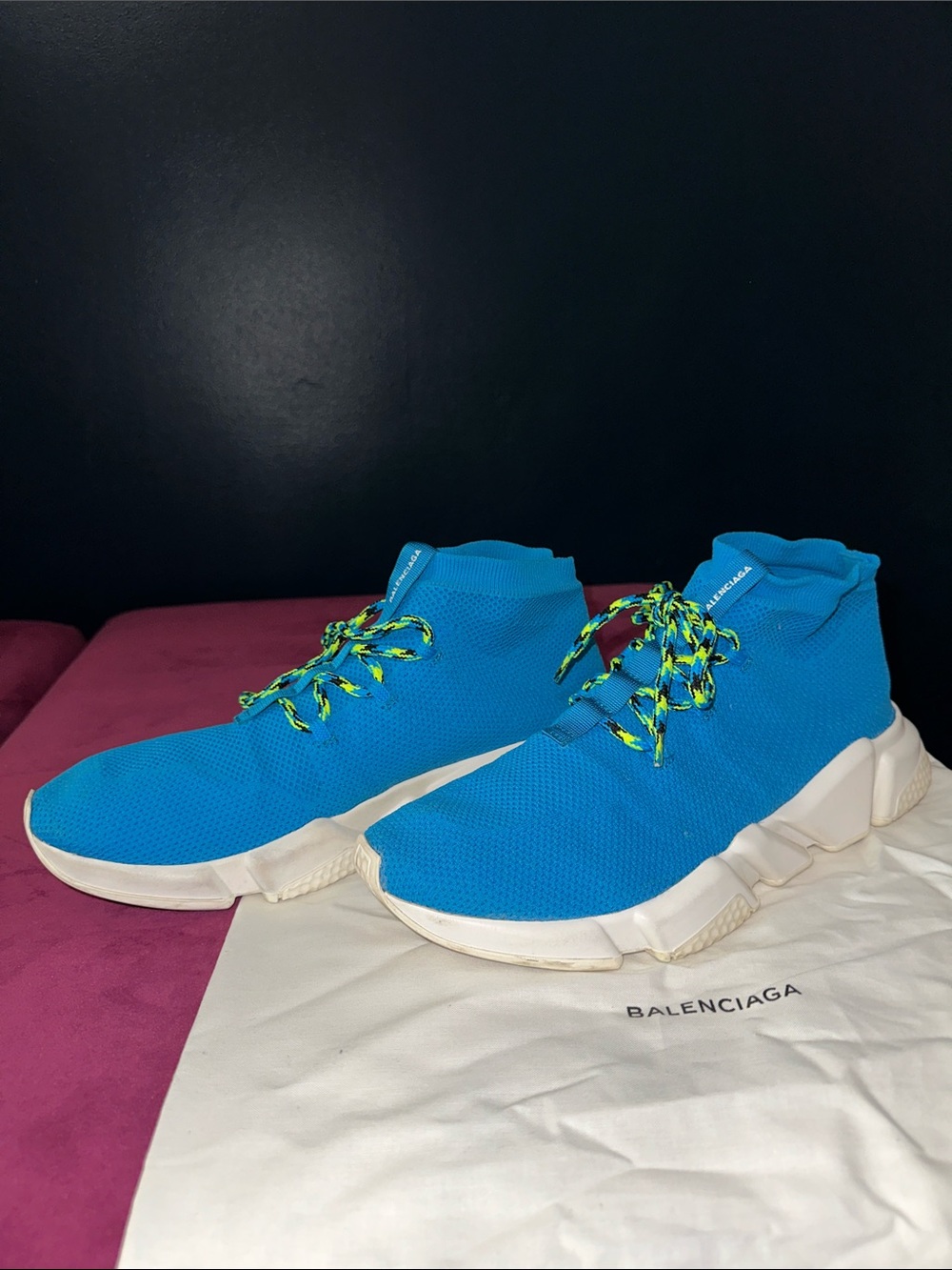 Balenciaga Turquoise Knit Speed Trainer Sneakers with Neon Laces - Picture 4 of 13